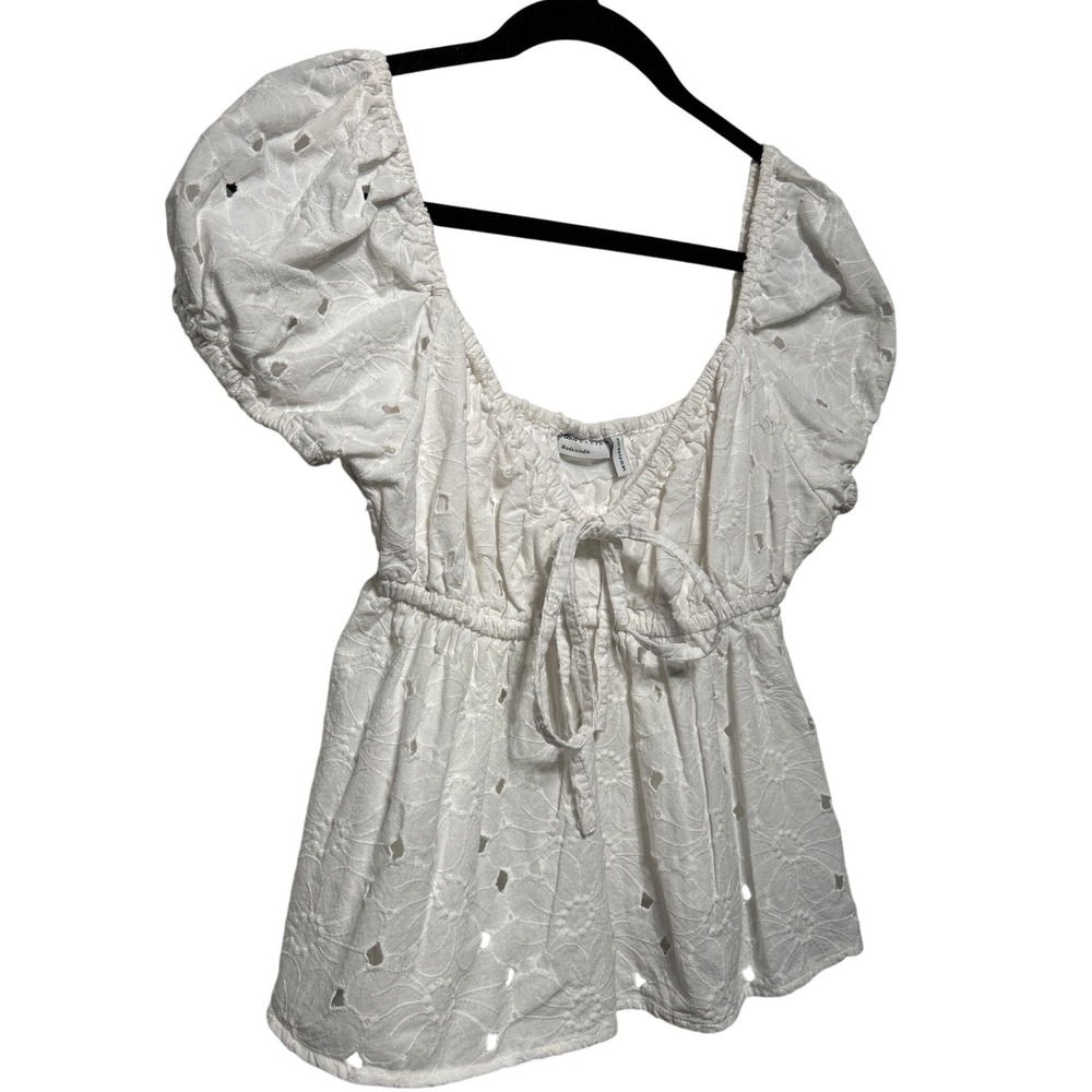 ASOS DESIGN Daisy Eyelet Embroidery Puff Sleeve Babydoll Top White US Size‎ 8